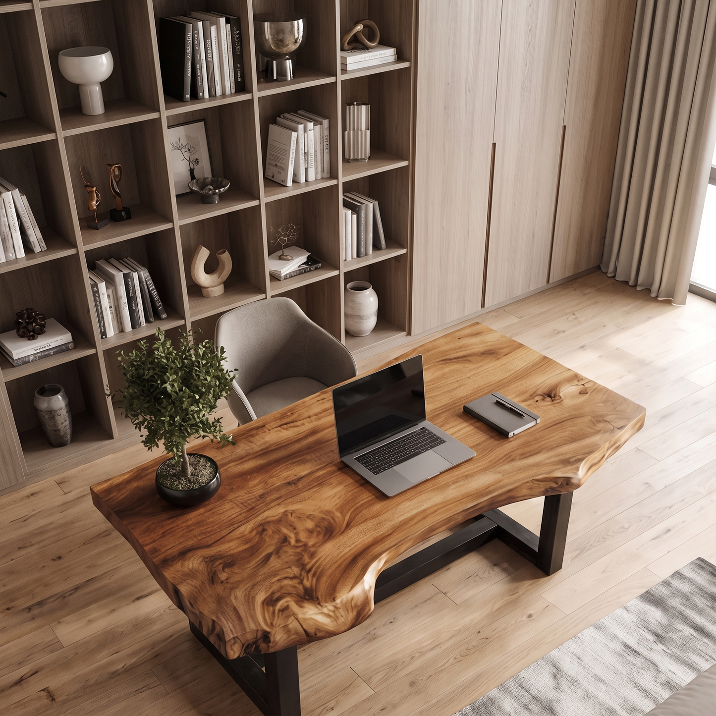 Minimal Desk With Live Edge Wooden Top For Home Office