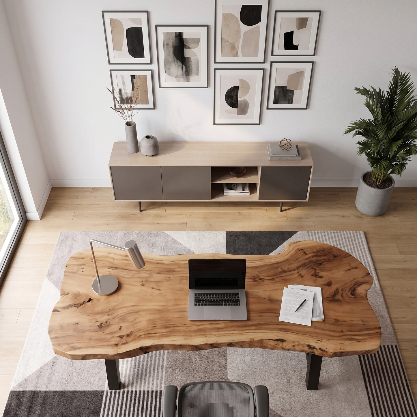Rustic Writing Desk With Live Edge Wood Top And Metal Legs For Home Office