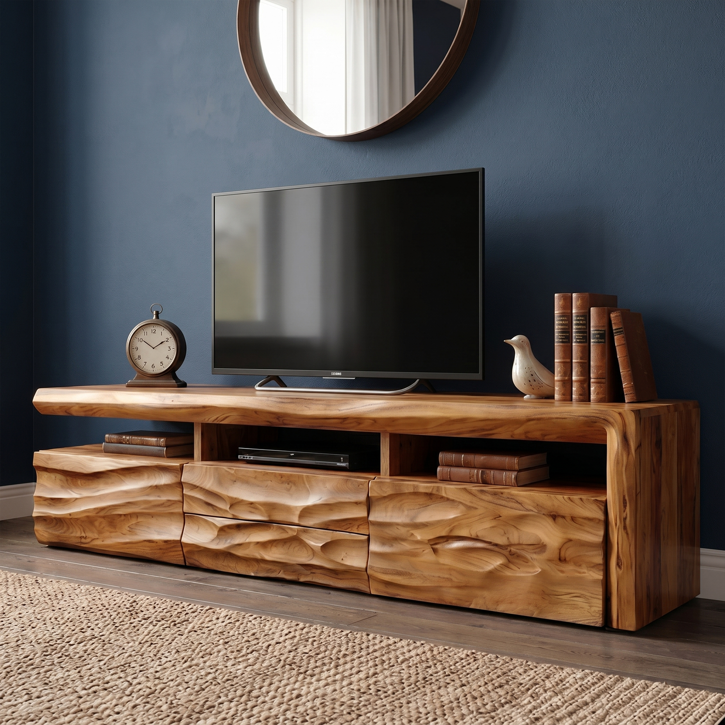 Organic TV Cabinet With Hand Carved Solid Wood Front And Open Media Storage For Living Room