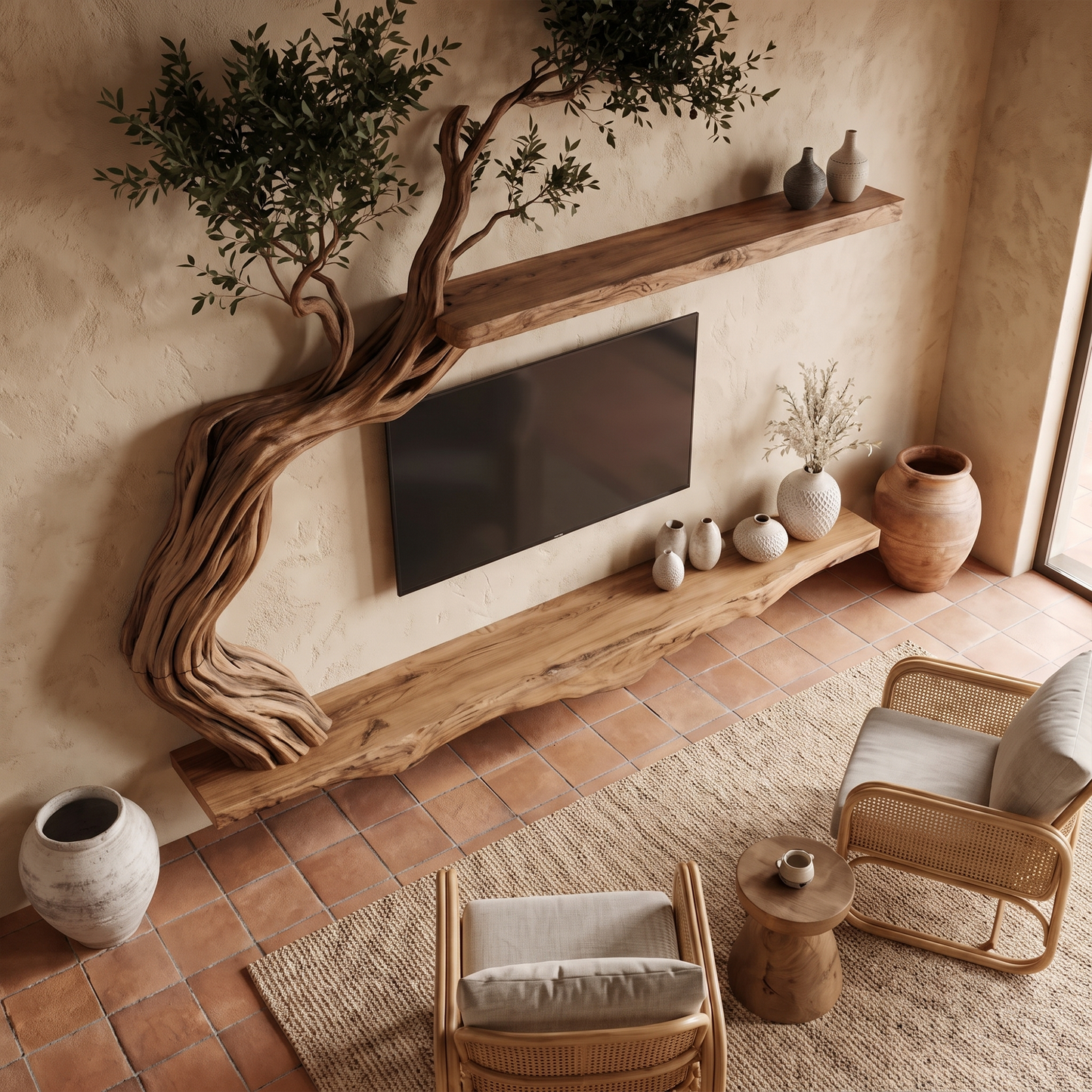 Organic Wall Mounted TV Stand With Sculptural Wood Design For Living Room