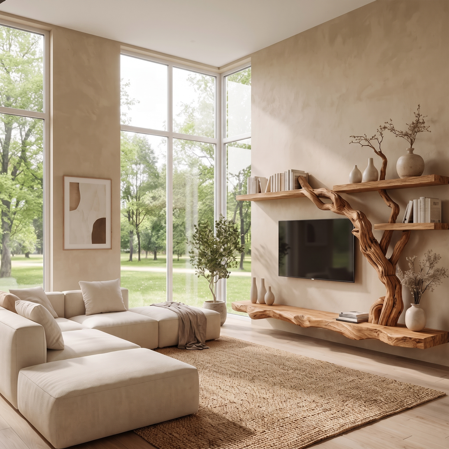Rustic Wall Mounted TV Stand With Natural Wood Design For Living Room