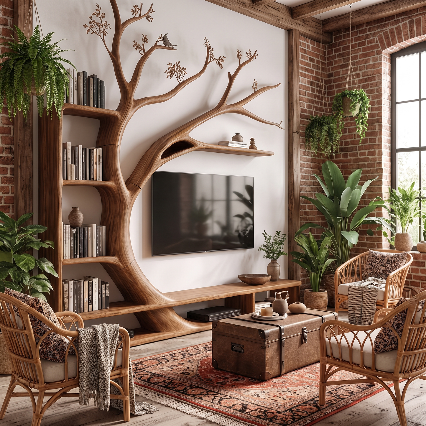 Handcrafted TV Cabinet With Artistic Tree Bookcase For Living Room