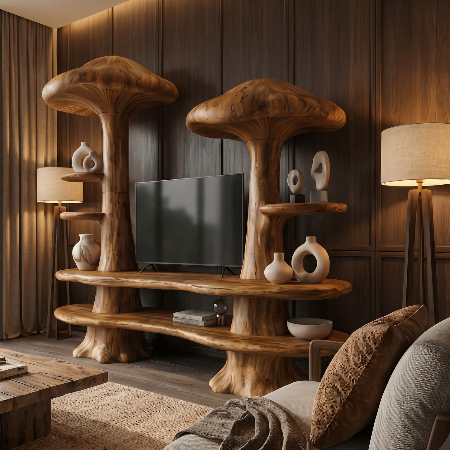Rustic Mushroom TV Cabinet With Open Display Storage And Media Console For Living Room
