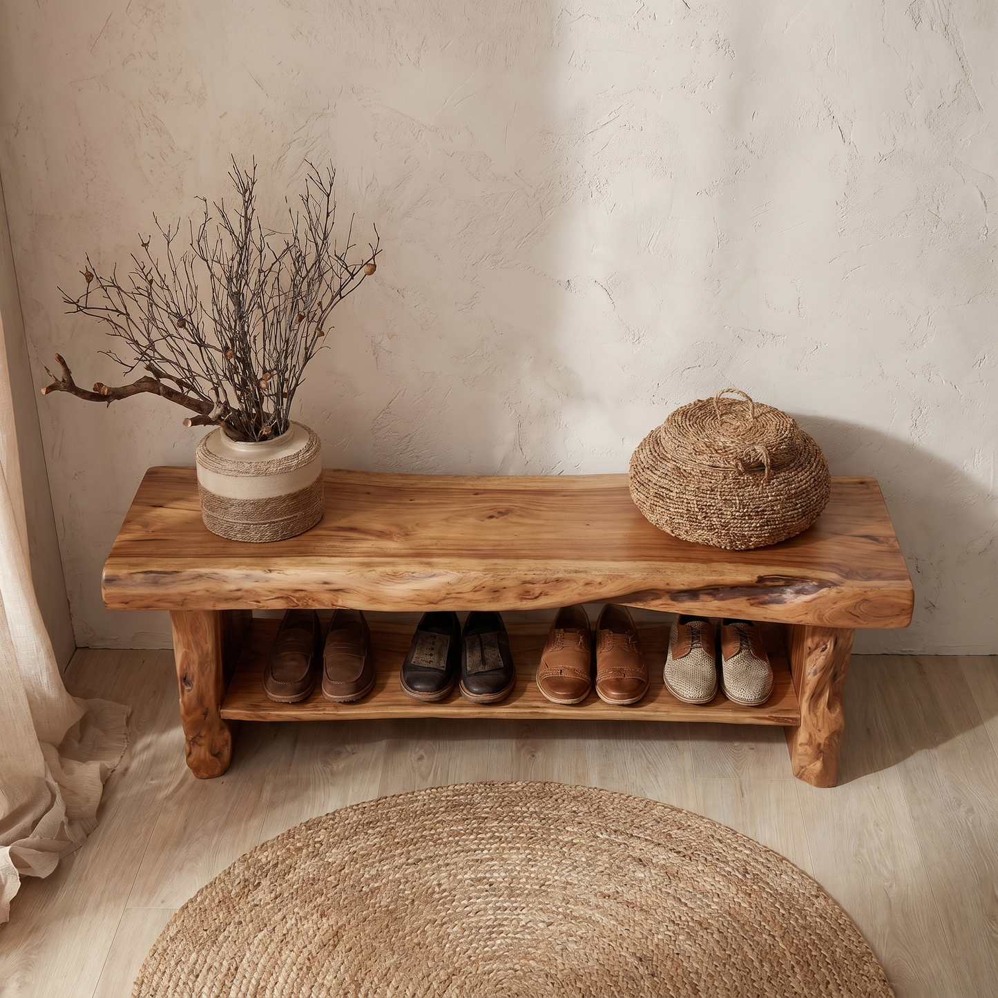 Rustic Shoe Bench Natural Wood Storage For Entryway