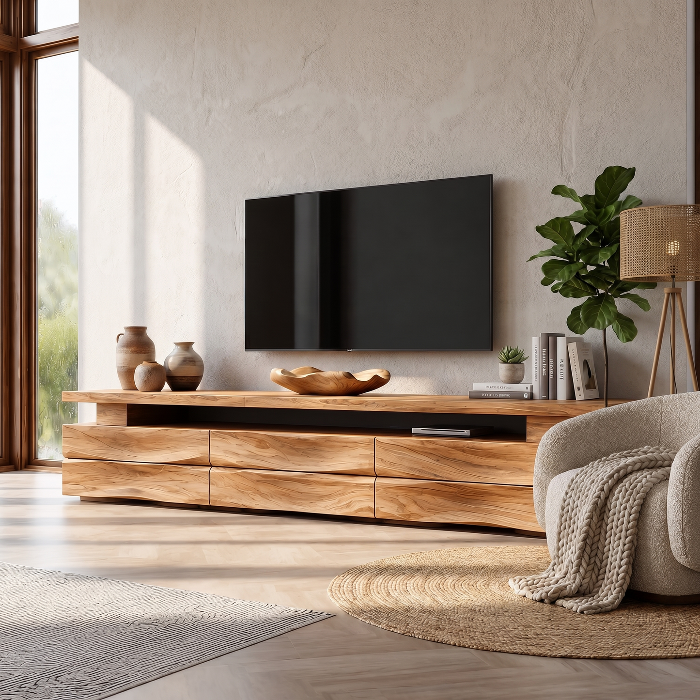 Rustic TV Cabinet With Wave Front Drawers And Open Storage Shelf For Living Room