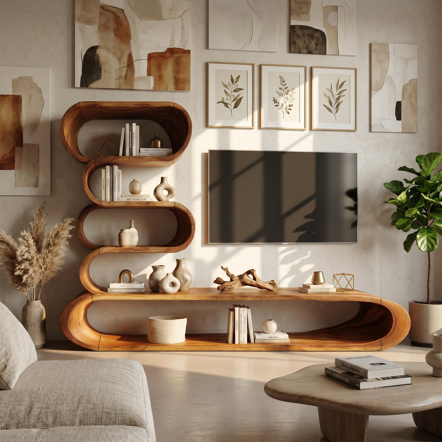 Organic TV Cabinet With Integrated Display Shelves And Rounded Storage Design For Living Room