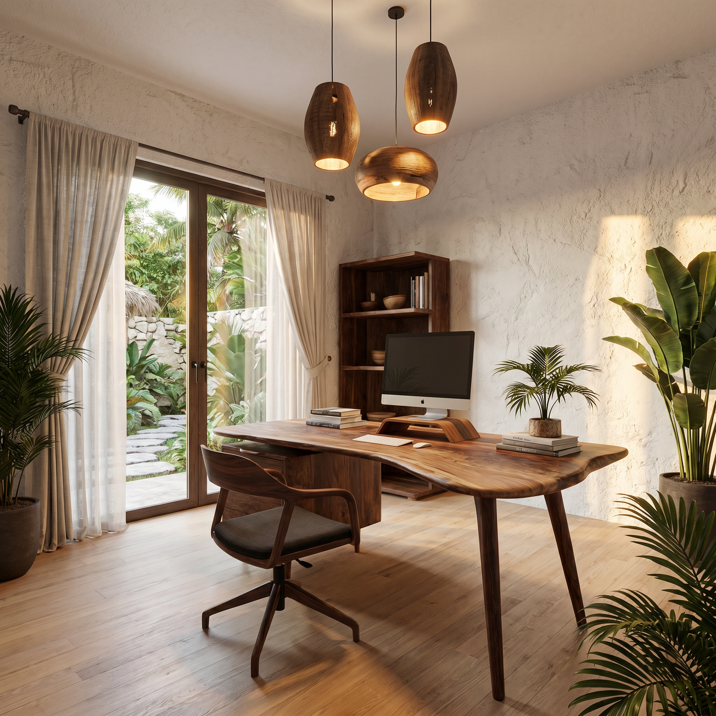 Organic Wooden Desk With Integrated Side Shelves And Built In Drawer Storage For Home Office And Workspace