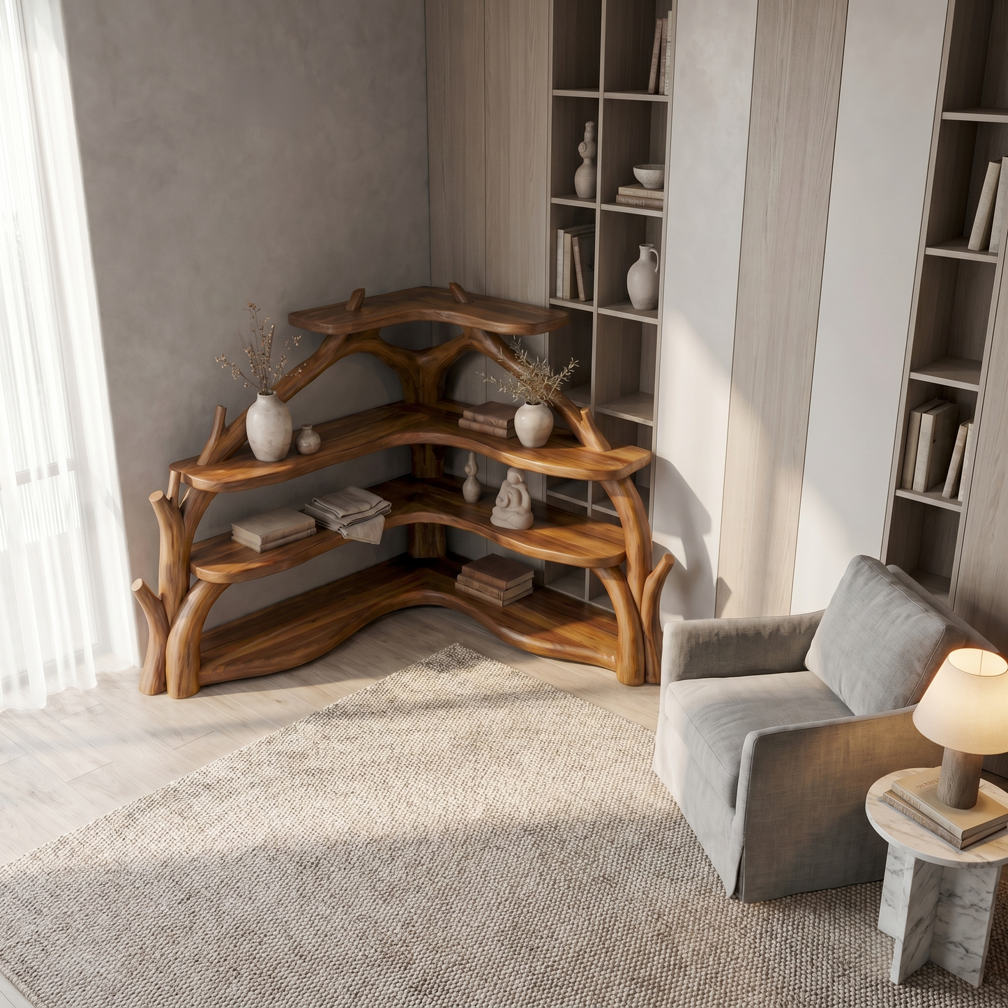 Sculptural Corner Bookcase With Natural Branch Design For Living Room
