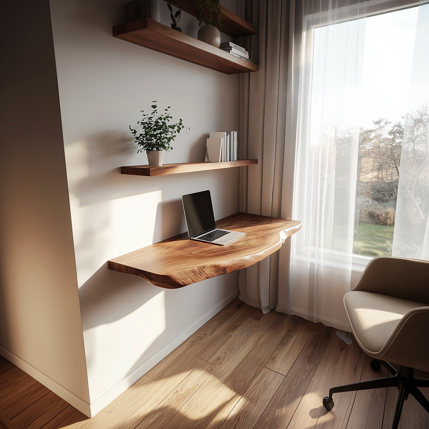 Natural Grain Solid Wood Floating Workspace Desk Interior