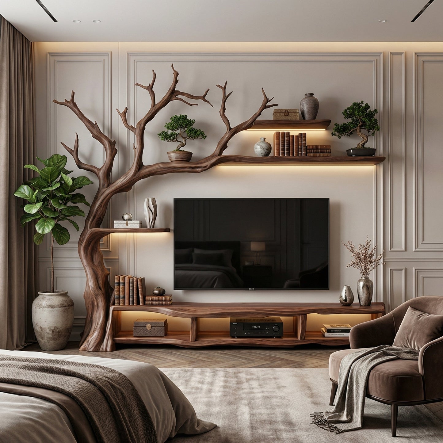 Rustic Organic Tree Branch TV Shelf Contemporary Home