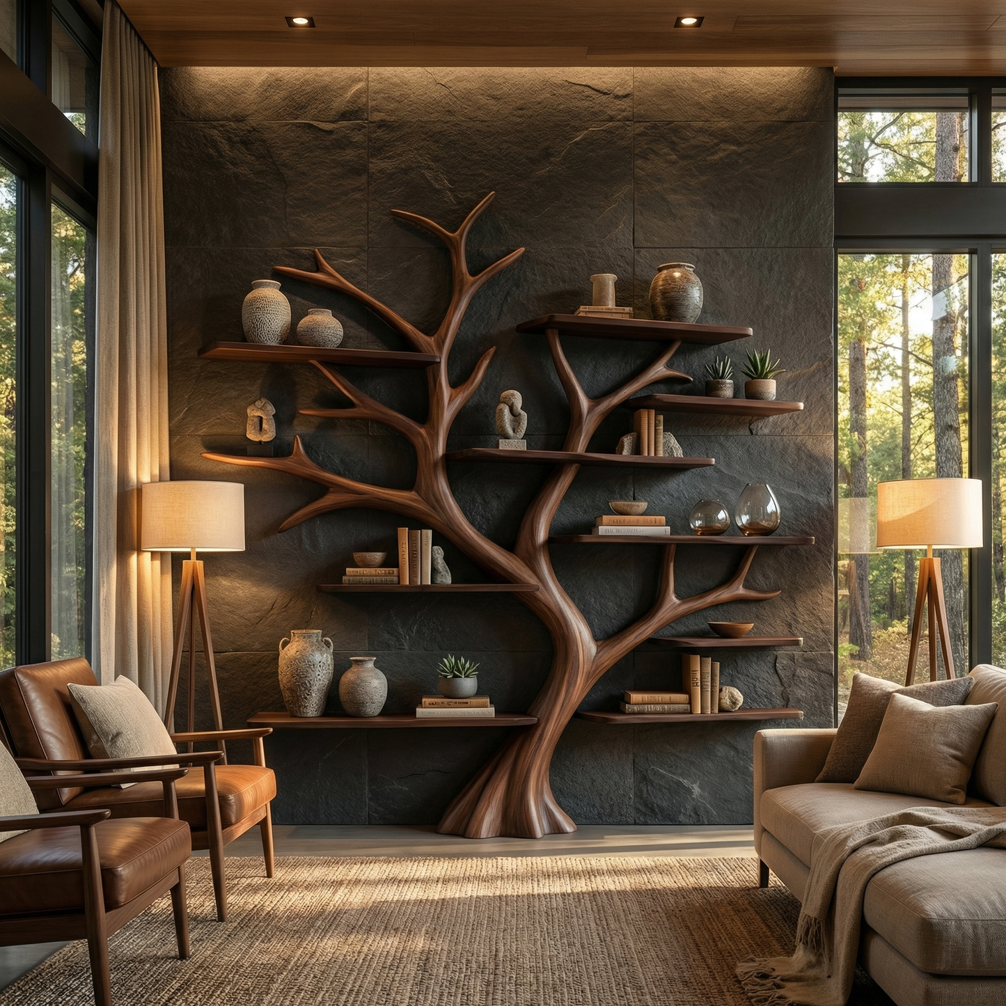 Rustic Wide Tree Bookshelf Home Office Or Living Room Storage