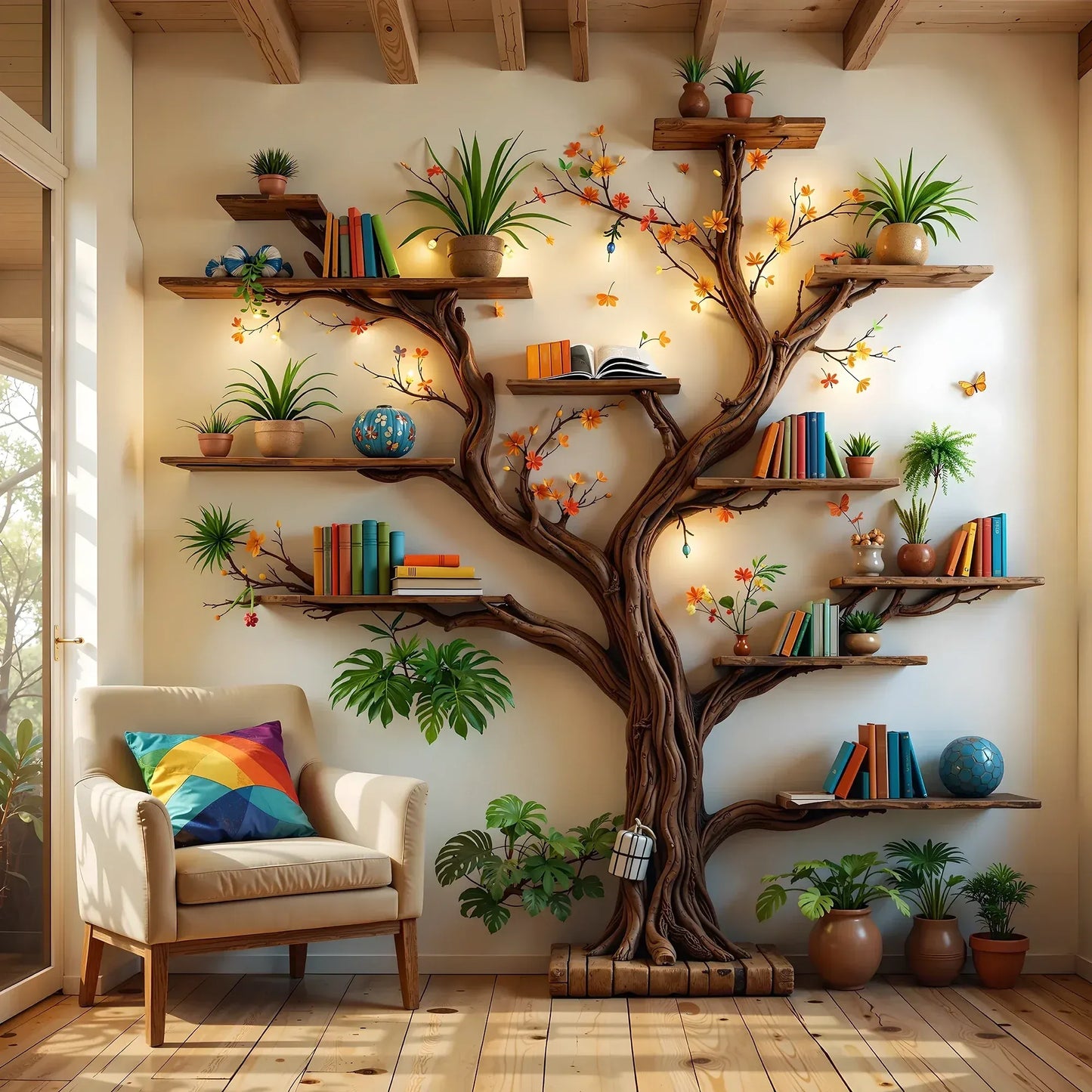 Nature Wood Tree-Shaped Bookshelf
