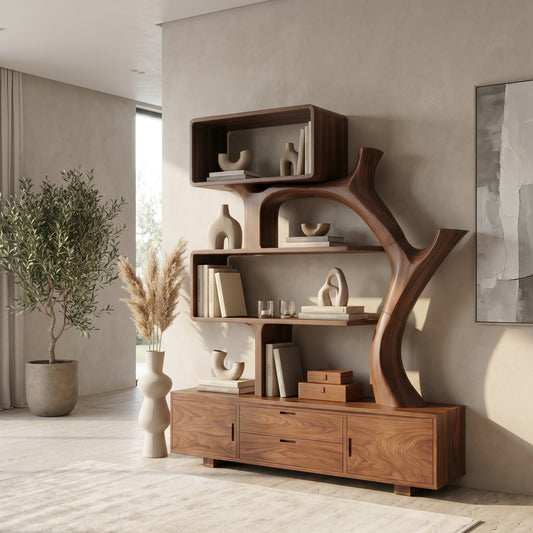 Sculptural Wood Display Shelf With Storage For Living Room